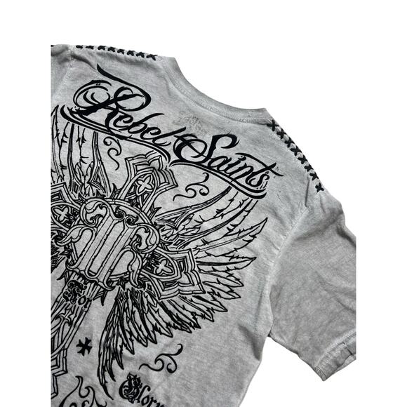 Y2K Rebel Saints Shirt Mens Medium Affliction Biker Angel Wings Skull Grunge - Picture 10 of 11